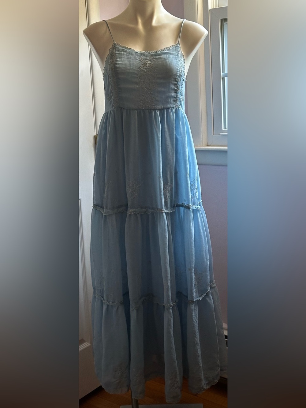 URBAN OUTFITTERS Light Blue Silver Tiered Maxi Dress with Spaghetti Straps Sz SP
